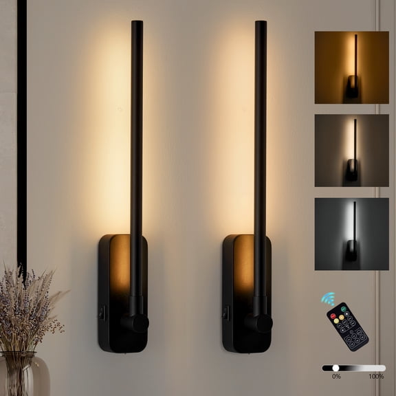 GCGAFUL Battery Operated Wall Sconces with Remote Control, Black Wall Sconces Set of Two,3000K-6000K LED Wireless Wall Light for Bedroom, Hallway, Background Wall (2 Pack)