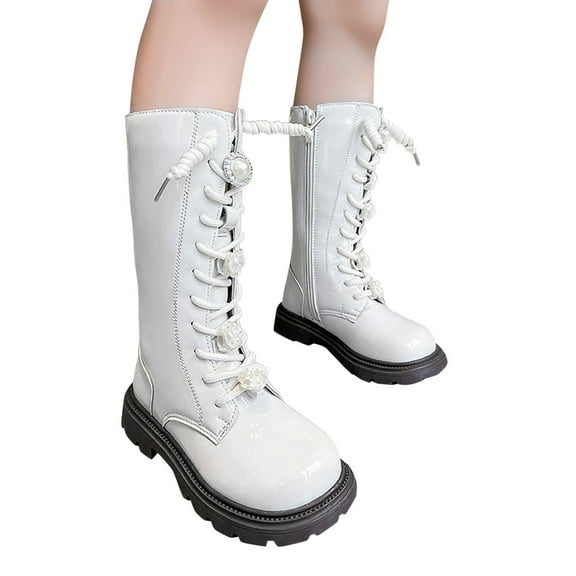 CAIXIA Girls Lace Up Mid Calf Combat Boots Side Zipper Fashion Round Toe Comfortable Pu Leather Combat Boots Punk Goth Shoes Back To School for Kids Party Christmas Halloween Holiday