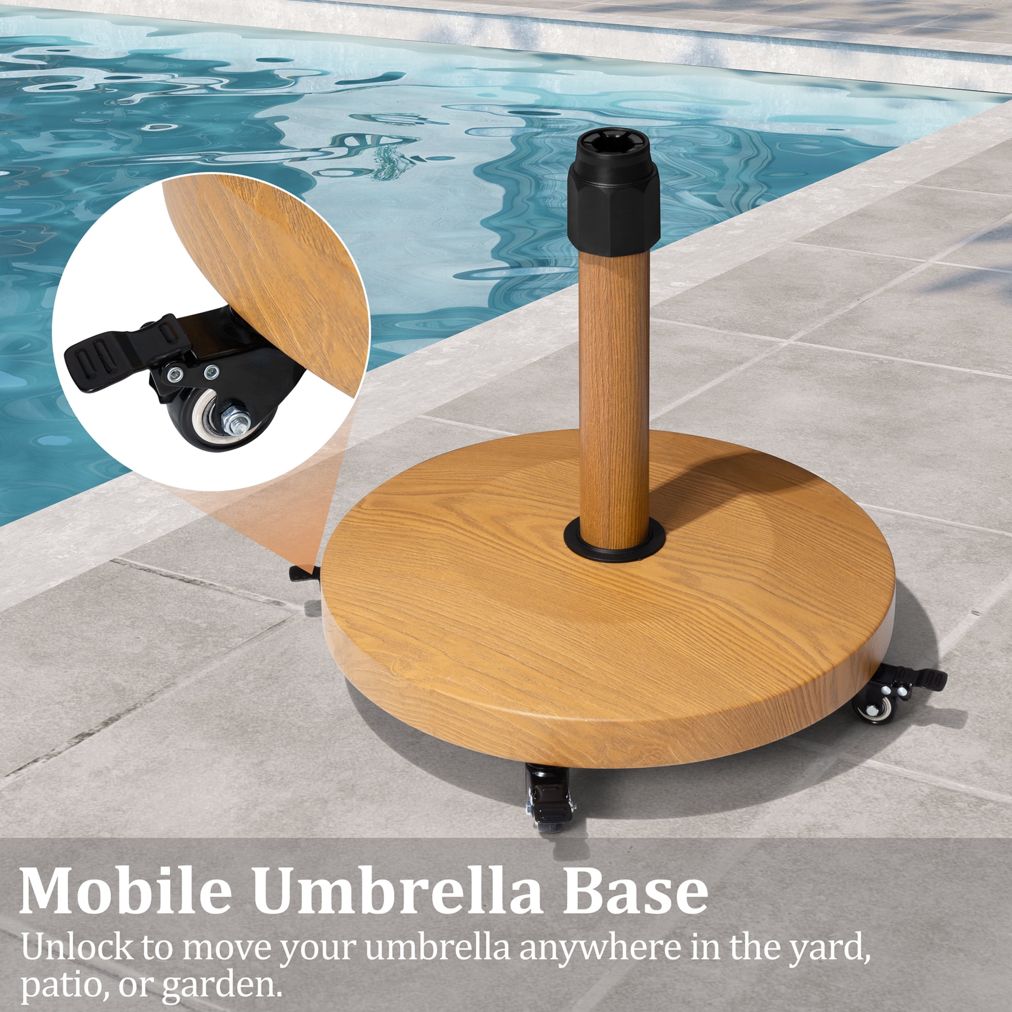 Pellebant Patio Umbrella Base with 4 Wheels, 55lbs Round Heavy Duty Concrete Stand for Outdoor Market Umbrella, Teak