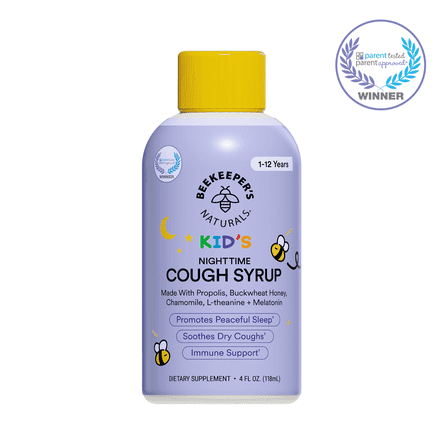 Beekeeper's Naturals Propolis Honey Cough Syrup Nighttime for Kids Immune Support with Propolis, Elderberry & Raw Honey - Sleep Support with Chamomile & L-Theanine - Gluten Free, 4 oz.