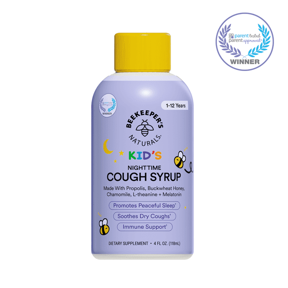 Beekeeper's Naturals Propolis Honey Cough Syrup Nighttime for Kids Immune Support with Propolis, Elderberry & Raw Honey - Sleep Support with Chamomile & L-Theanine - Gluten Free, 4 oz.