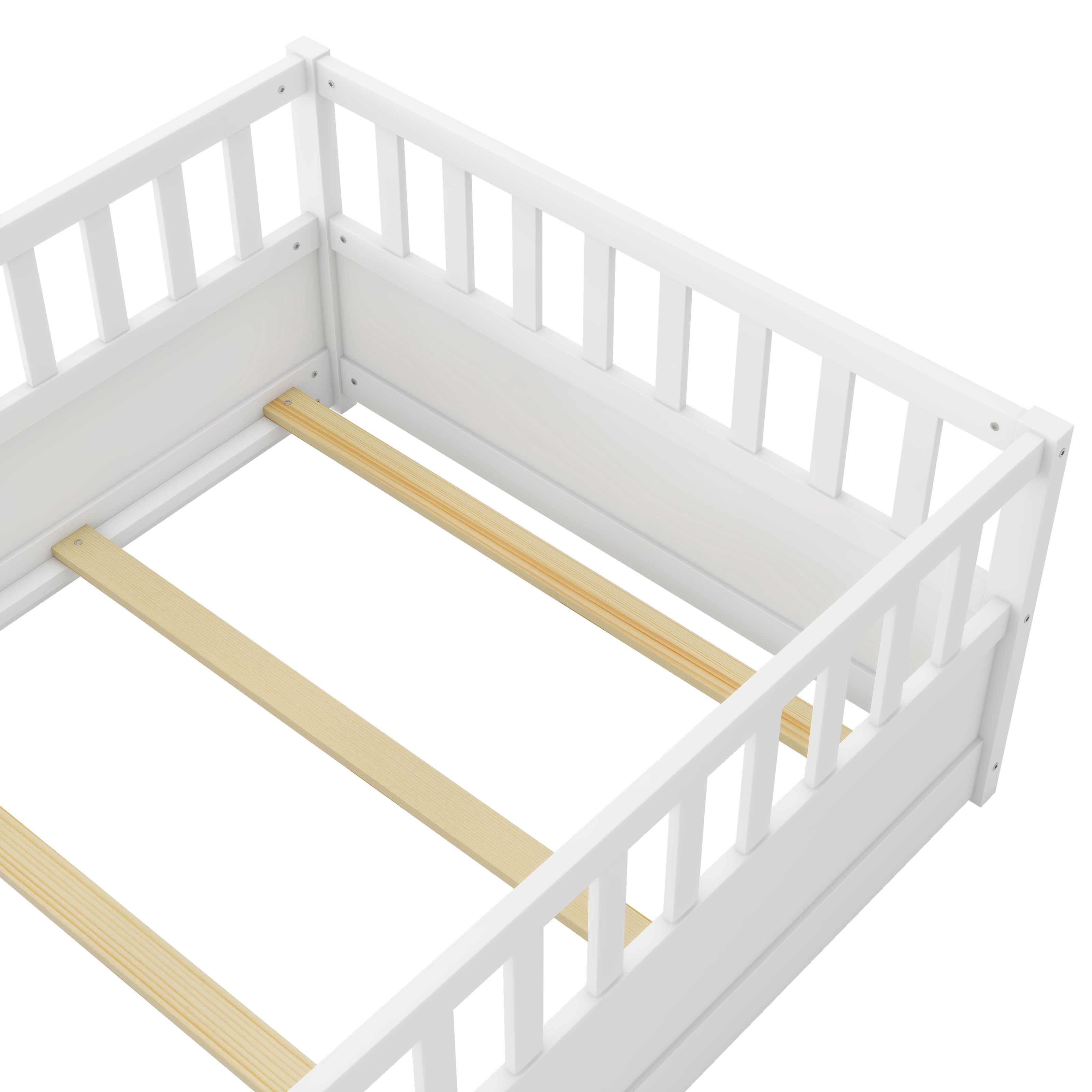 PORKISS Twin Floor Bed, Wooden Kids Bed Frame with High Rails and Slats, Low Toddler Bed with Built-in Door, No Box Spring Needed, Montessori Bed Frame for Children, White