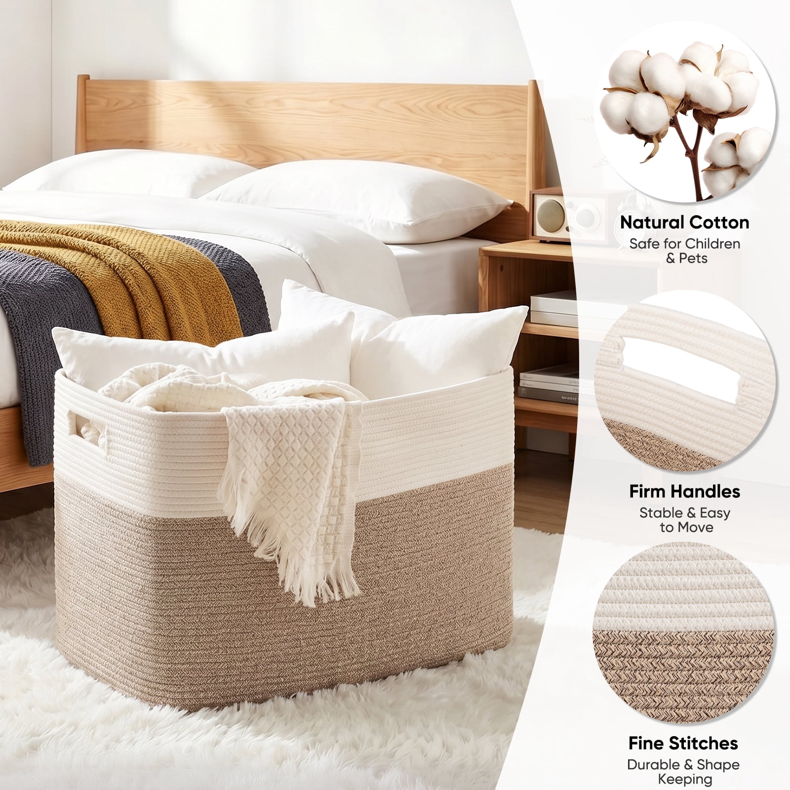HLAOLA Large Rectangle Blanket Basket，24.8" x 15.75"W x 15.75"H，100L Cotton Rope Baskets for Storage with Handles, Woven Basket for Bedroom,Living Room,Bathroom