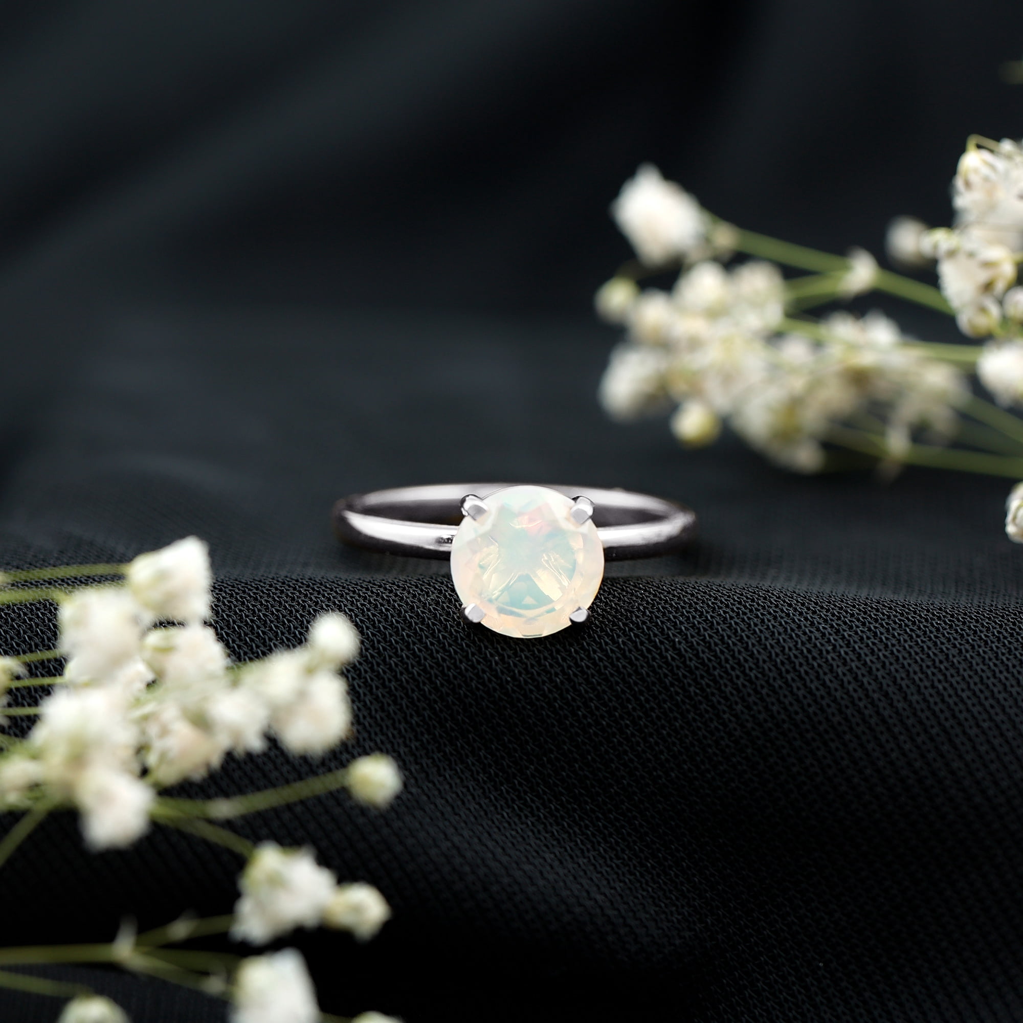 Rosec Jewels Ethiopian Opal Engagement Ring for Women - 2 Carat - October Birthstone Opal Solitaire Ring - AAA Quality, 10K White Gold, US 7.50