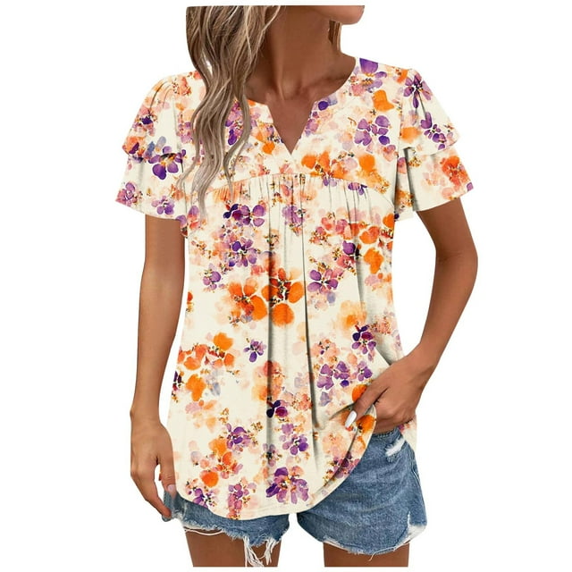 Camisas de Cuello de Tripulación de Manga Corta para las Mujeres Plisado Mangas de Ruffle, Cuello Redondo Casual Primavera Y Blusa de Verano