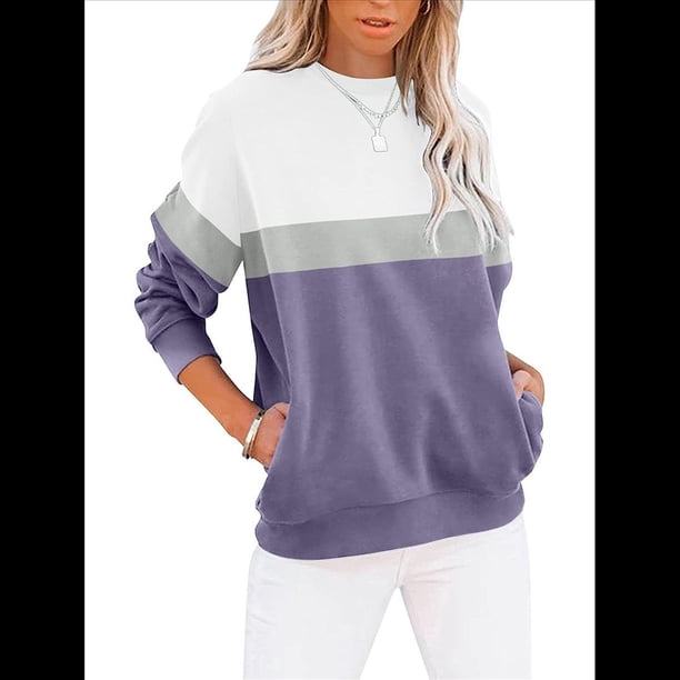 Sudadera Informal de Larga con Bloques de Color para Mujer, Cuello Redondo, Corte Holgado y Bolsillos. Púrpura L