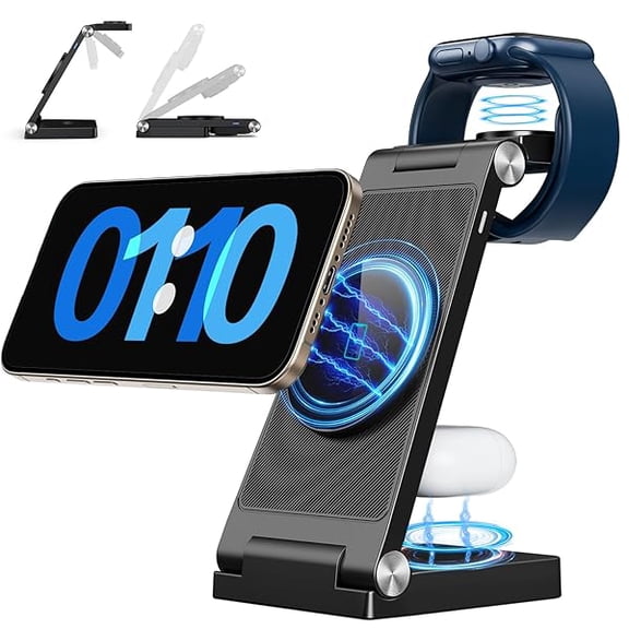 Saluqifa 2025 Magnetic Wireless Mag-Safe Charging Station, 3 in 1 Fast Max Charging for iPhone 16 15 14 13 12 Pro Max Plus, Charger Stand for Apple Watch Series & Air pods 4 3 2 Pro, Gifts for Men
