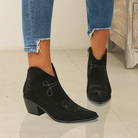 

Women‘s Embroidered Chunky Heeled Boots Pointed Toe Faux Leather Ankle Boots Women‘s Footwear