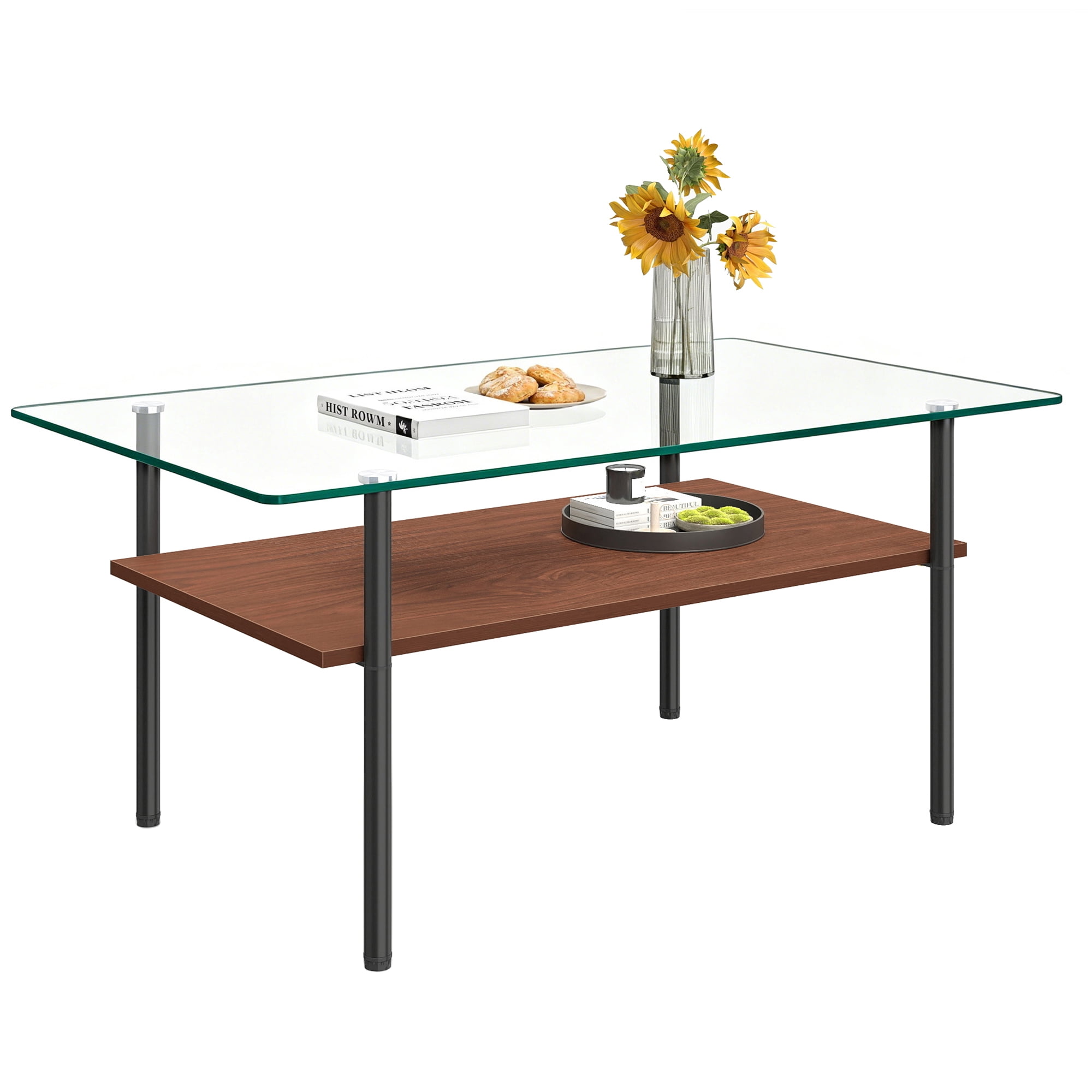 Modern Rectangular Glass Coffee Table with Tempered Glass Top and Wood Shelf, 38.6-Inch Center Table for Living Room, Transparent
