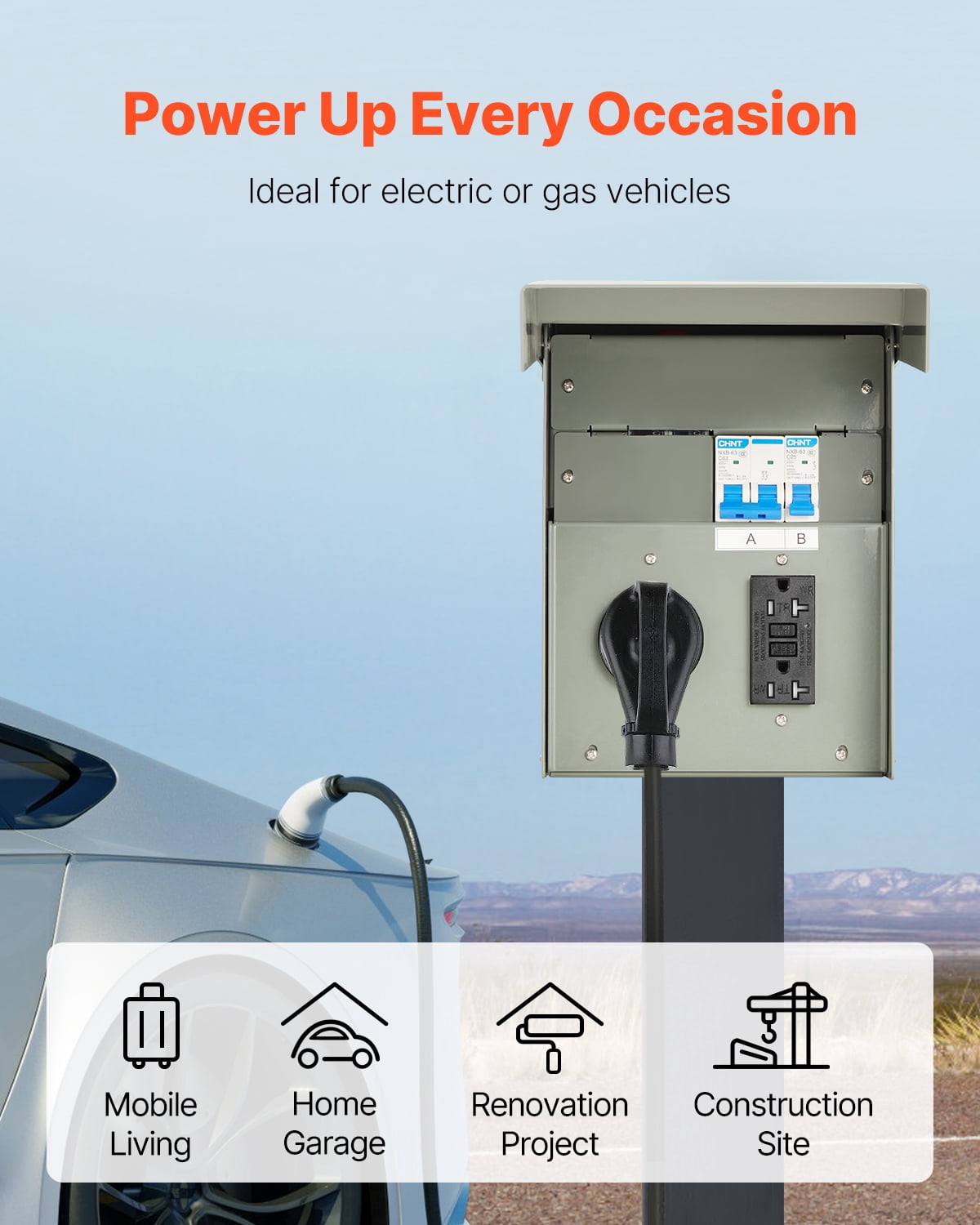 VEVOR Temporary Power Outlet Panel, 20 50 Amp, RV EV Electrical Outlet Panel with NEMA 50 Amp GFCI 20 Amp Receptacle Installed, Pre-Wired IP54 Weatherproof Box, for RV Camper Car Travel Motorhome