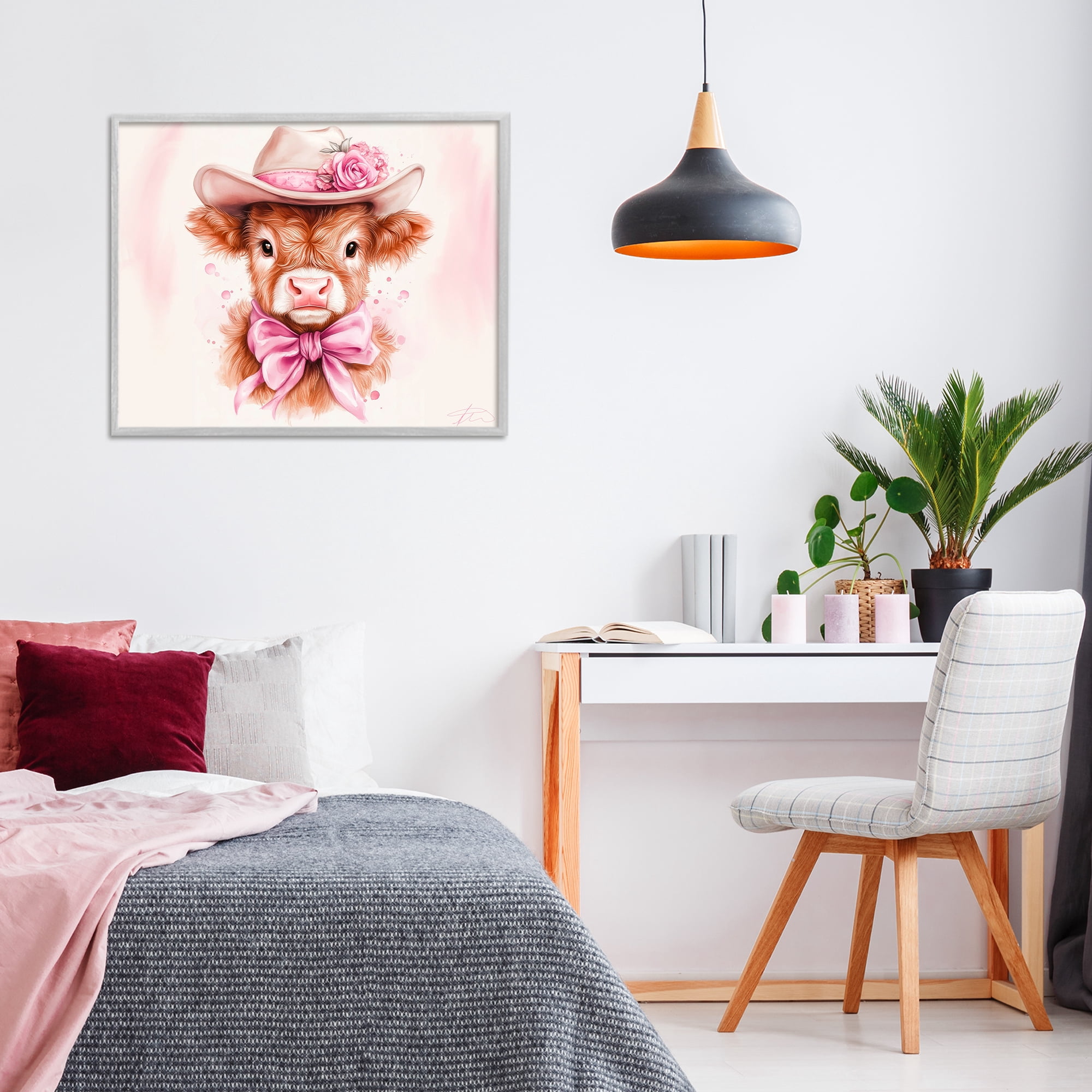 Pretty In Pink Cow Gray Framed Giclee Art, design by Shawna Stewart