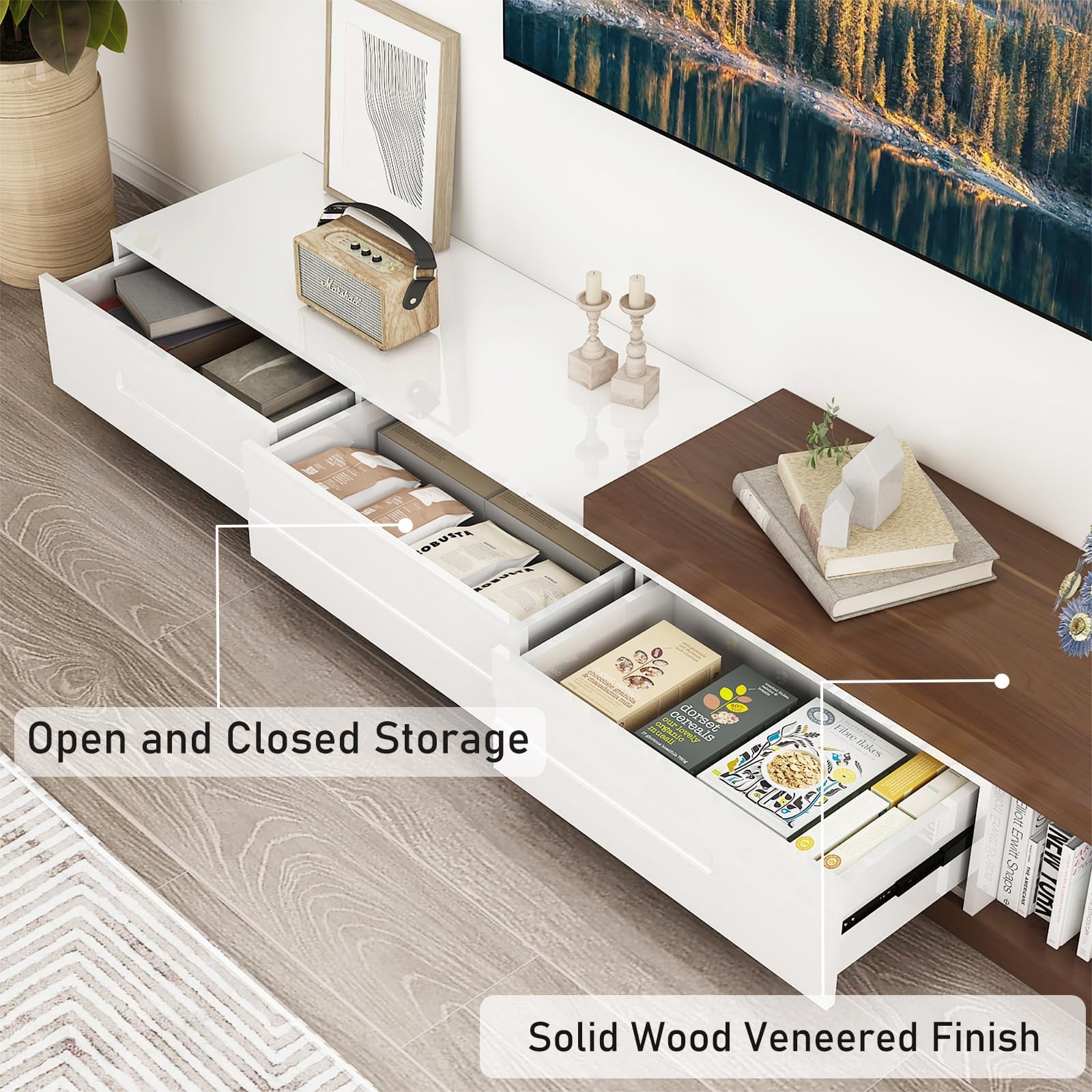 ChVans Extendable TV Stand for 85/100/120 inch TV, 82"-110" Wood Reversible TV Media Console with 3 Drawers, Modern Entertainment Center for Living Room,Bedroom, White-Walnut