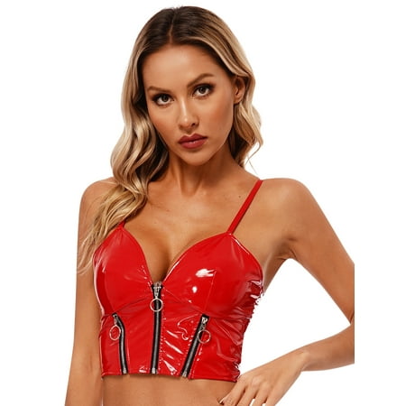 inhzoy Womens Liquid Crop Tops Latex Punk Tank Tops Deep V Plunge Sling Bra for Night Club Party Red M