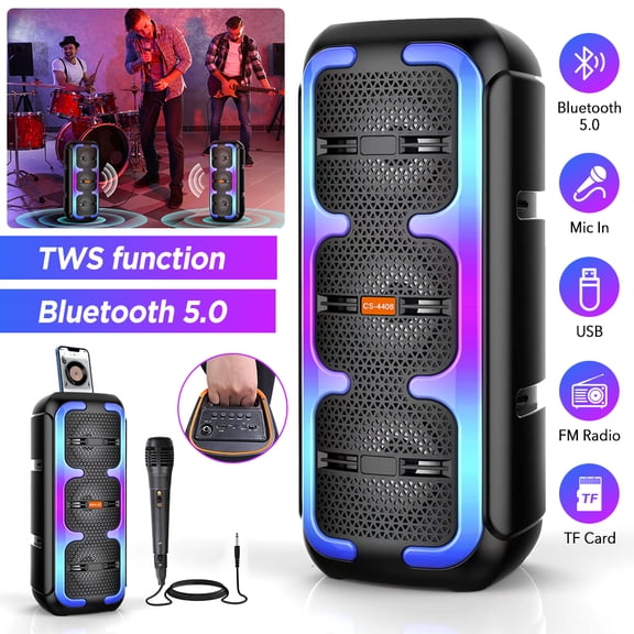 Handheld Portable Bluetooth 5.0 Speaker - Dual 4” HiFi Drivers, 7-Beat Sync RGB Lights 3 Modes, Karaoke with Wired Mic, TWS Stereo Bass, USB/TF/FM, Handle & Phone Stand for Parties