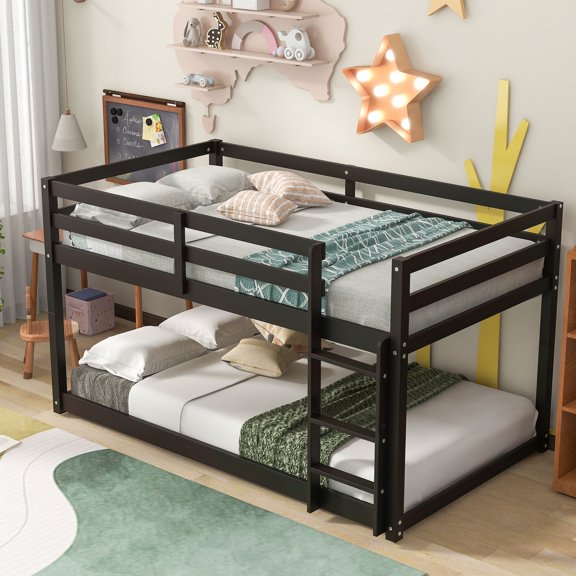 Twin Over Twin Floor Bunk Bed, UHOMEPRO Solid Wood Low Bunk Bed with Safety Rail, Ladder, Heavy Duty Bunk Beds, Space-Saving Bedroom Dorm Furniture, Espresso