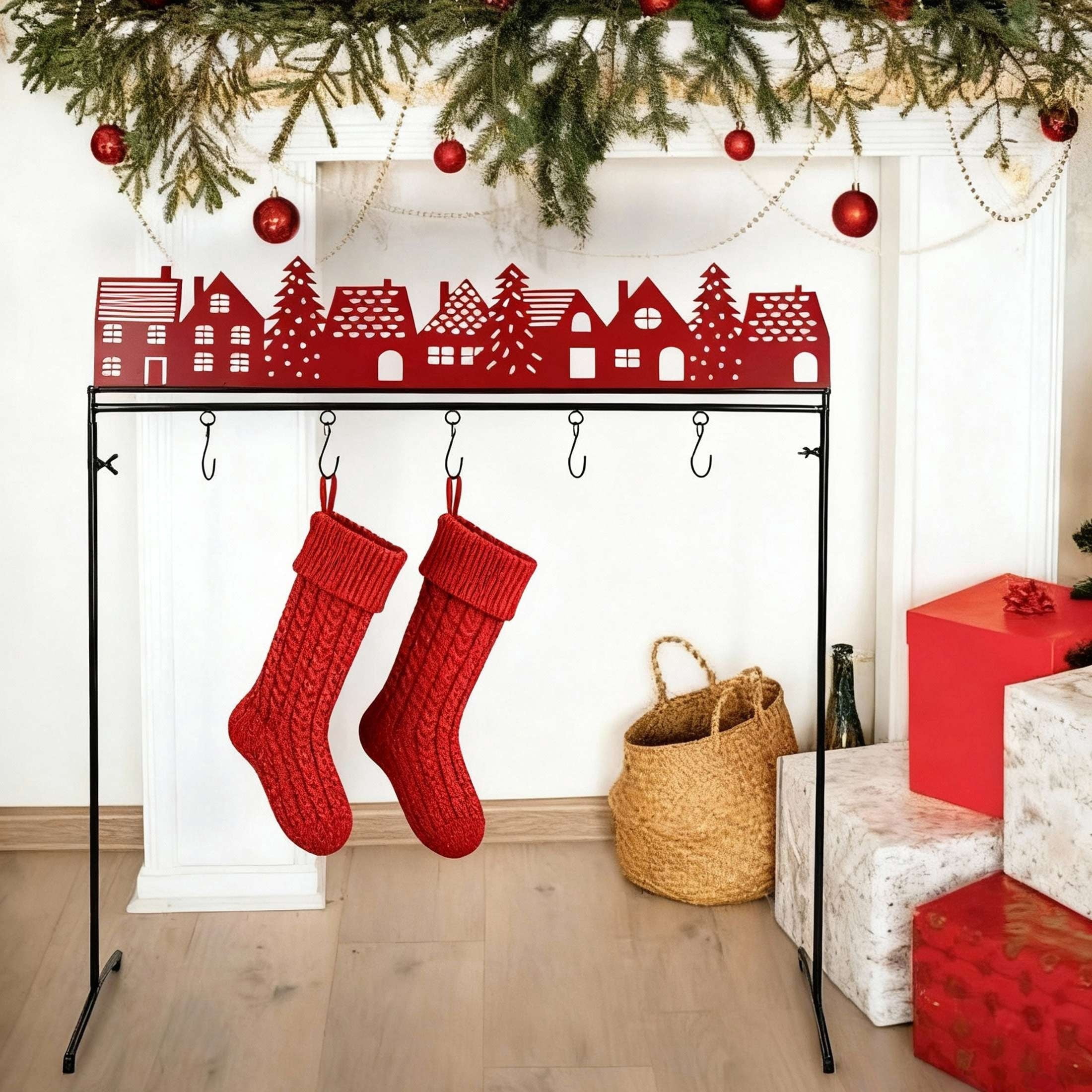 Large Metal Village Freestanding Christmas Stocking Holder, Red and Black, 30" x 7", by Holiday Time