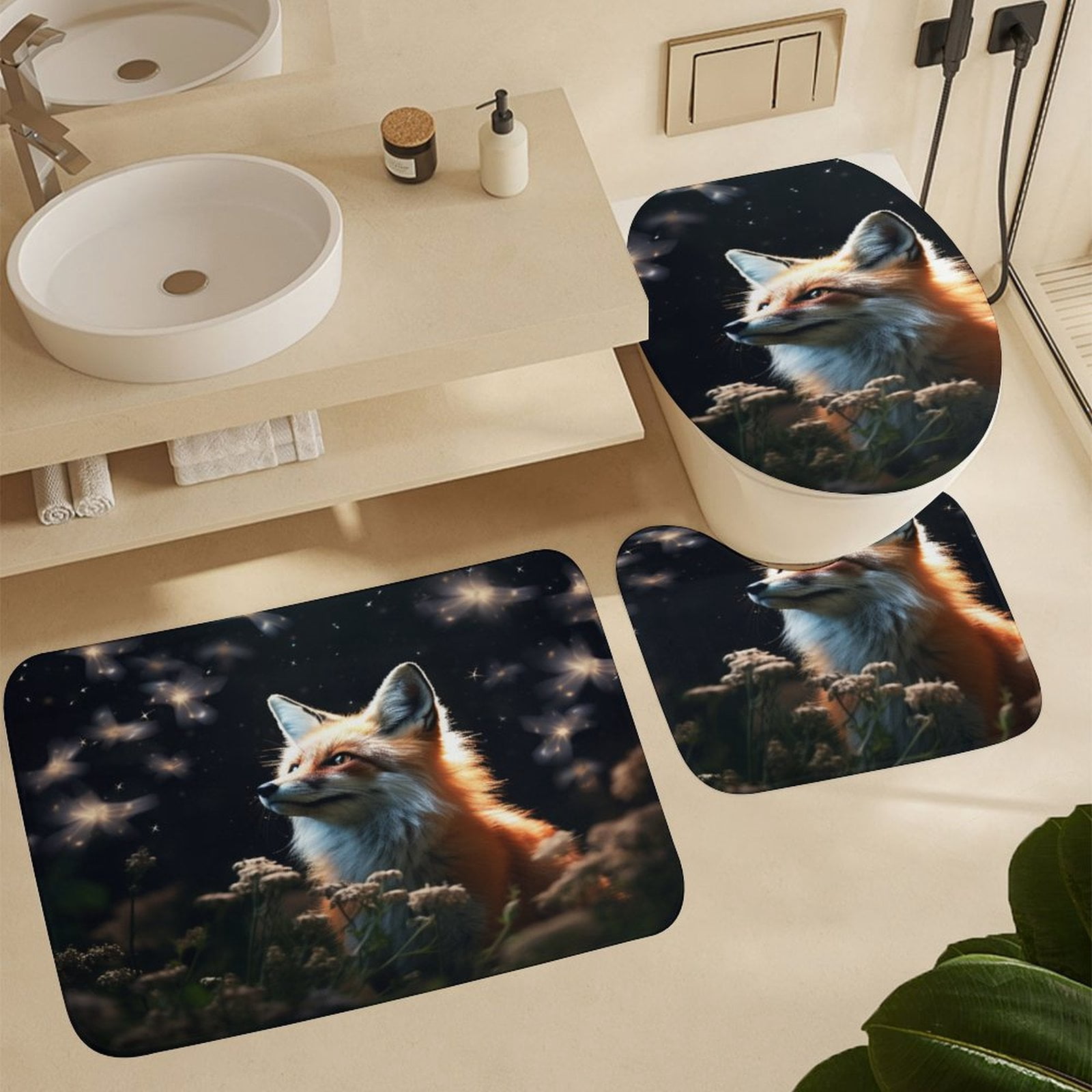 Nine Tailed Fox Chasing Butterfly 4 Pcs Shower Curtain Set with Rug Bathroom Sets with Waterproof Fabric And Non-Slip Rugs Toilet Lid Cover Bath Mat Decor with Hooks