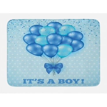 Gender Reveal Bath Mat, Balloons on the Nostalgic Polka Dots Backdrop Childbirth Celebration Theme, Non-Slip Plush Mat Bathroom Kitchen Laundry Room Decor, 29.5 X 17.5 Inches, Sky Blue, Ambesonne