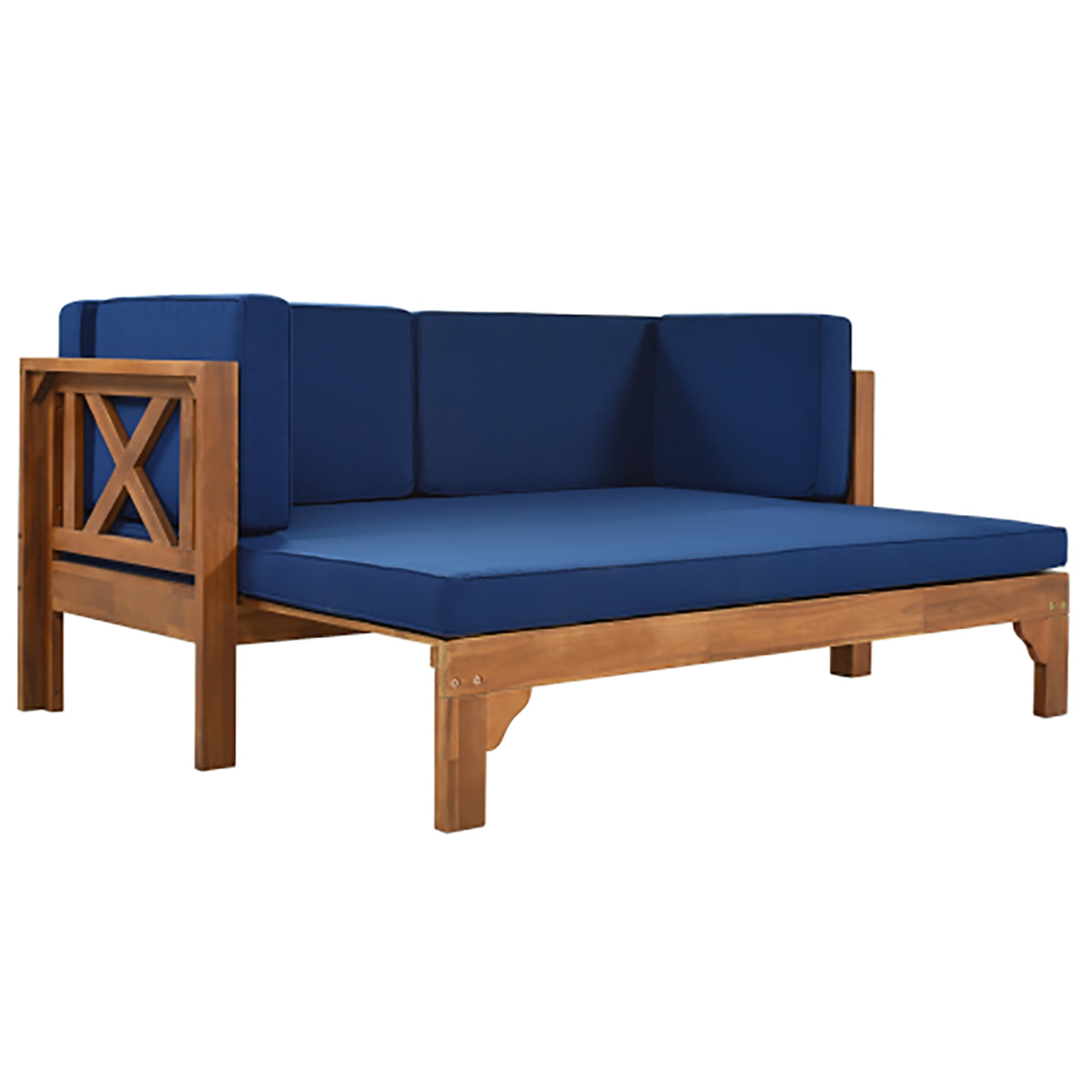 Kadyn Outdoor Patio Stretch Solid Wood Sofa Set Combo Furniture, Patio Furniture Sofa, Ottoman with Thick Cushions, Brown Finish + Blue Cushions Kadyn Outdoor Patio Stretch Solid Wood Sofa Set Combo Furniture, Patio Furniture Sofa, Ottoman with Thick Cushions, Brown Finish + Blue Cushions
