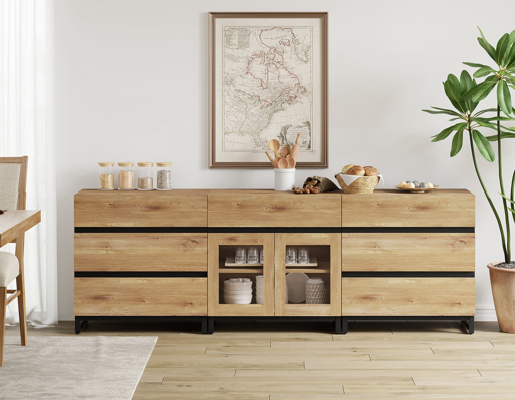 3 In 1 Sideboard Buffet Cabinets With Glass Doors And 7 Drawers, Modern Sideboard Credenza With Adjustable Shelf And Metal Base, Coffee Bar Cabinet Storage Cabinet For Living Room, Kitchen
