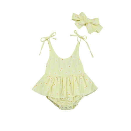 

Sunisery Newborn Baby Girl Clothes Summer Sling Strap Daisy Print Tutu Skirt Princess Dress Romper Headband Outfit