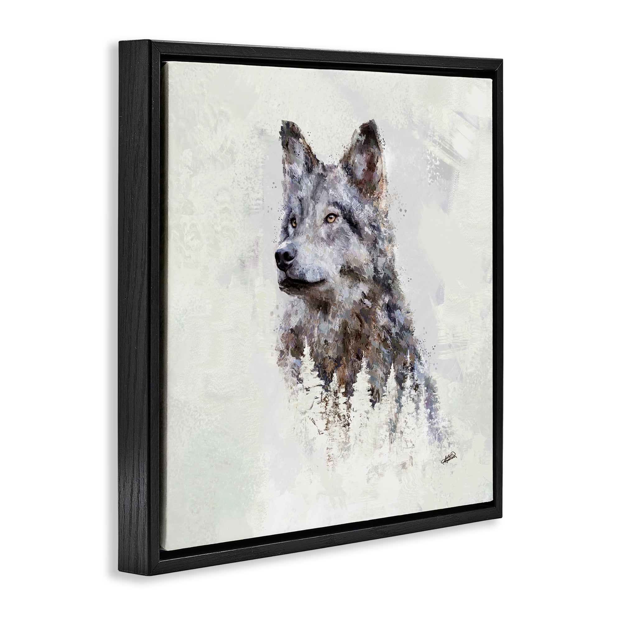Stupell Industries Rustic Wolf & Trees Animals & Insects Painting Black Floater Framed Canvas Art Print Wall Art, 25 x 25