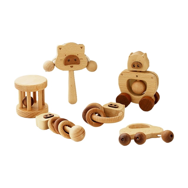6 piezas de juguetes de madera para bebés, sonajero de anillo, juego de sonajeros de madera para educación temprana, juguetes de agarre para bebés,