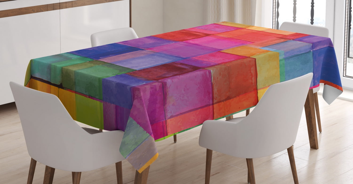 Abstract Tablecloth, Rainbow Colored Geometric Square Shaped with ...