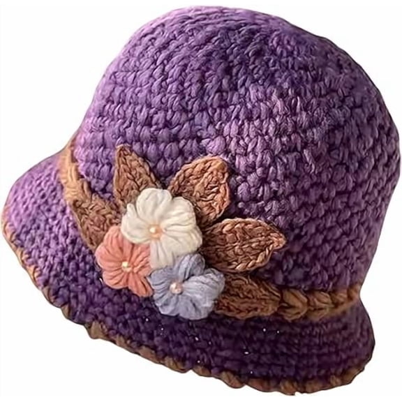 Womens Winter Floral Crochet Hat - Thick Warm French Style Beanie for Cold Weather(LR Purple 1 PCS)