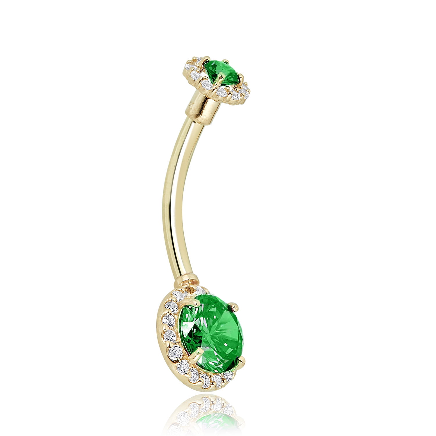 AVORA 10K Yellow Gold Green Simulated Diamond CZ Halo Belly Button Ring Body Jewelry (14 Gauge)