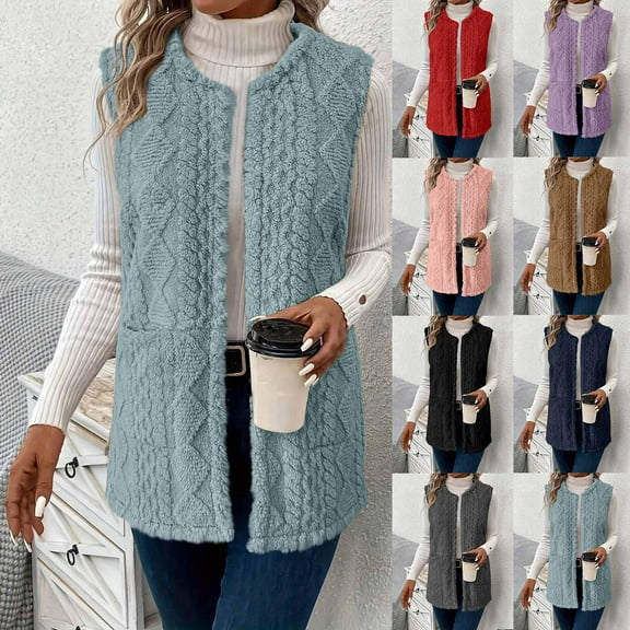 Womens Fleece Vest Crew Neck Sleeveless Reversible Vests Casual Loose Warm Button Solid Color Down Sherpa Vest Jacket with Pockets
