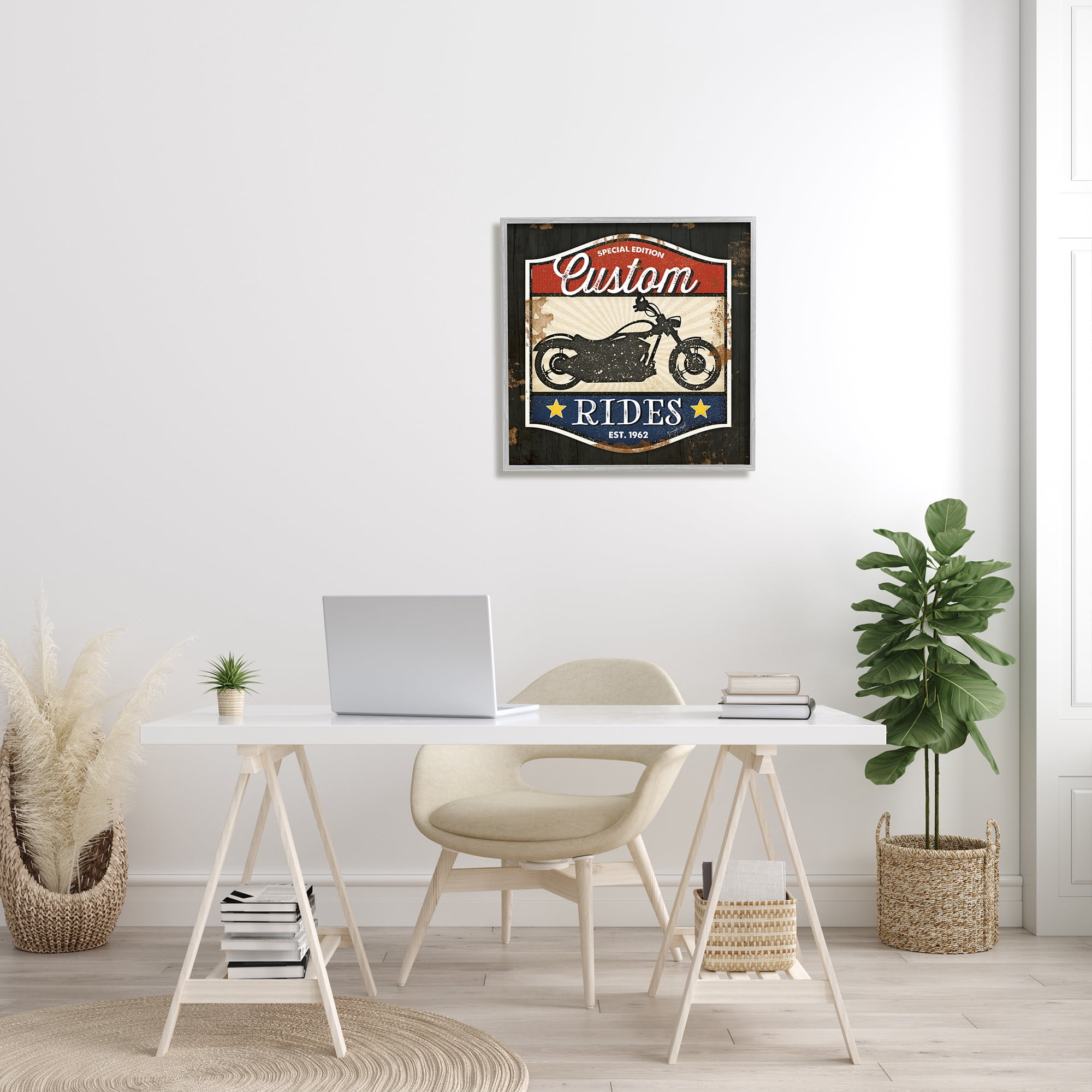 Stupell Industries Custom Rides Motorcycle Sign Vintage Americana Bike Country Painting Gray Framed Art Print Wall Art, 24 x 24, Design by Jennifer Pugh