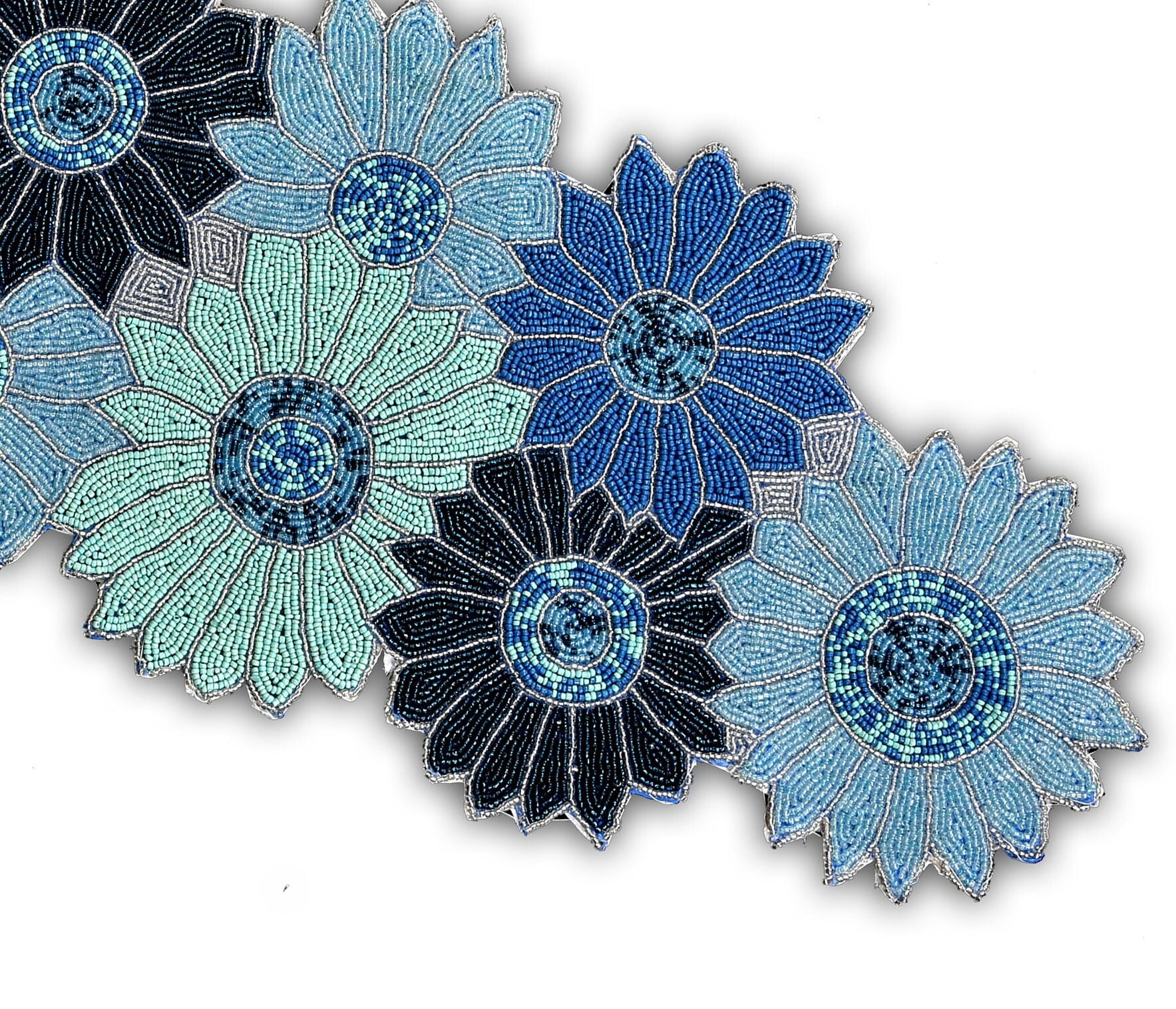 Handmade Beaded Table Runner, Blue Floral Table Runner, Spring Tableware 13X36 Inch