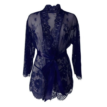 YFNNUP Women s Lace Kimono Robe Sexy Mesh Nightgown 2pc 3/4 Sleeve Lingerie Comfy Belt Nightwear S-3XL