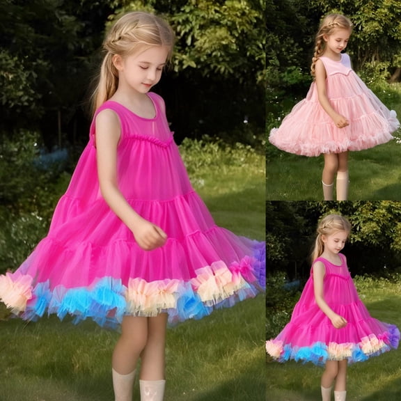 Trendfront Girls Solid Tutu Dress for Girls Fashion Crewneck Sleeveless Big Bowknot Fluffy Mesh Tulle Princess Birthday Gown