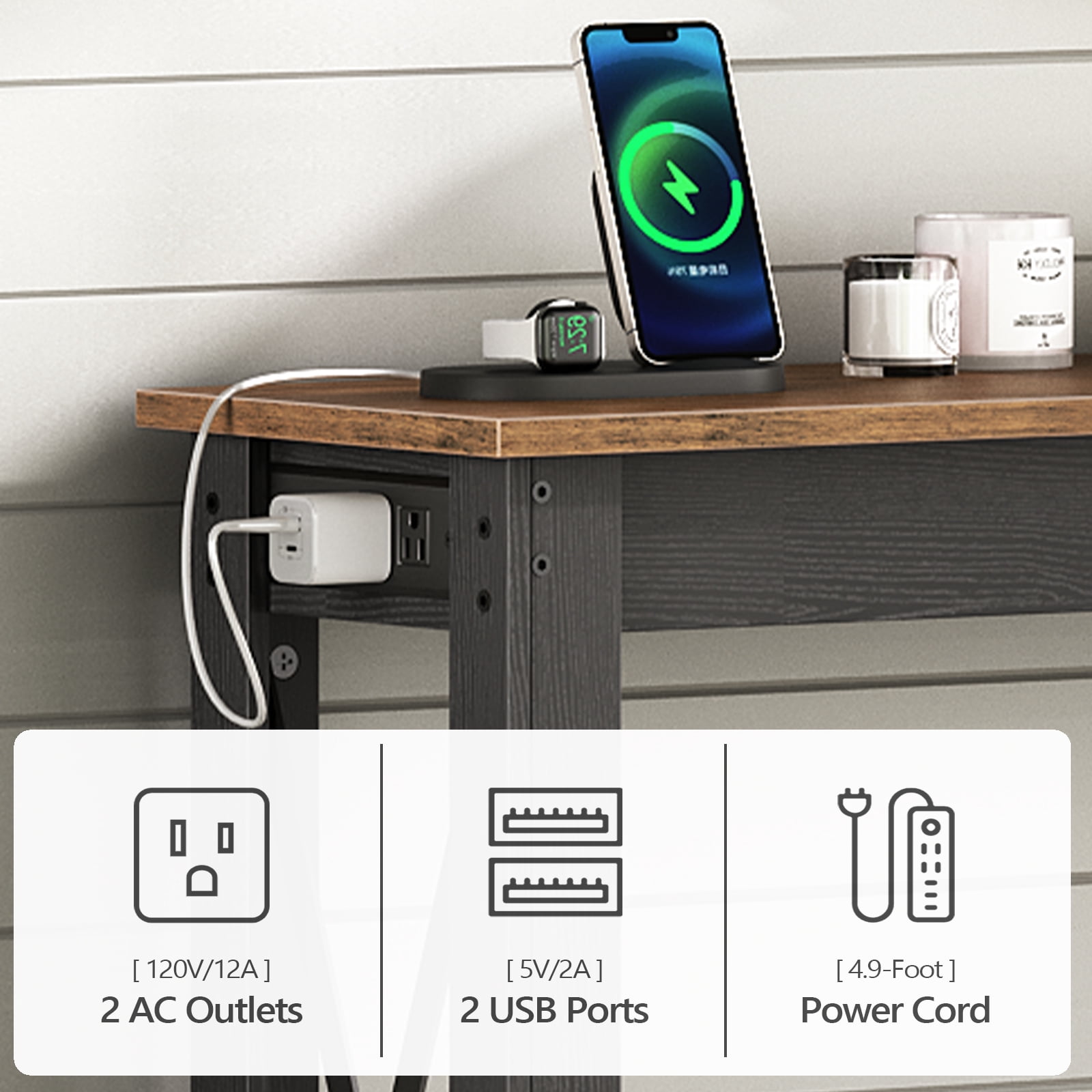 HOOBRO Industrial Multifunction with Power Socket, Outlets and USB Ports Engineered Wood Console Table, Black Walnut