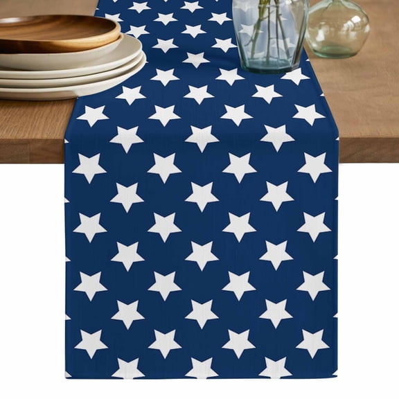 4th of July Table Runner, Independence Day Patriotic White Star Blue Washable Cotton Linen Table Runners 36 Inches Long, Dresser Scarf Runner for Nightstand/End Tables/Round Tables 13''x36''
