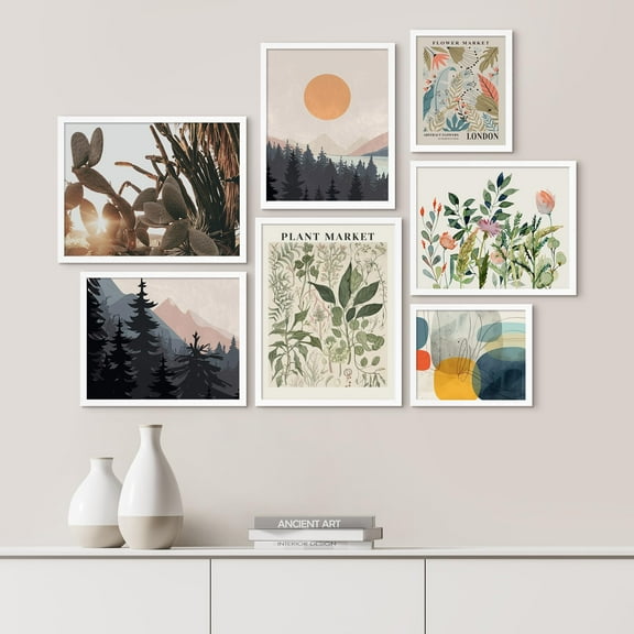 PixonSign Framed Canvas Print Wall Art Set - Wildflower Forest Bouquet Landscape Poster Art - Geometric Print Gallery Set of 7 Leaves Illustrations Digital Art Wall Décor for Home - White