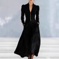 thumbnail image 2 of Women’s Solid Color Maxi Dress Deep V Neck Puff Shoulder Long Sleeve Swing Dress with Ruched Waist Gold Buttons and Hidden Pockets, 2 of 2