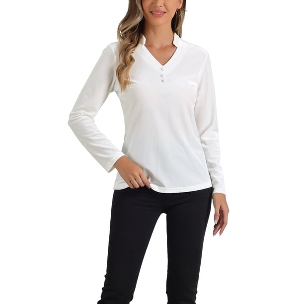 INSPIRAR CHIC Blusa de terciopelo de mujer con cuello en V y mangas largas L Blanca