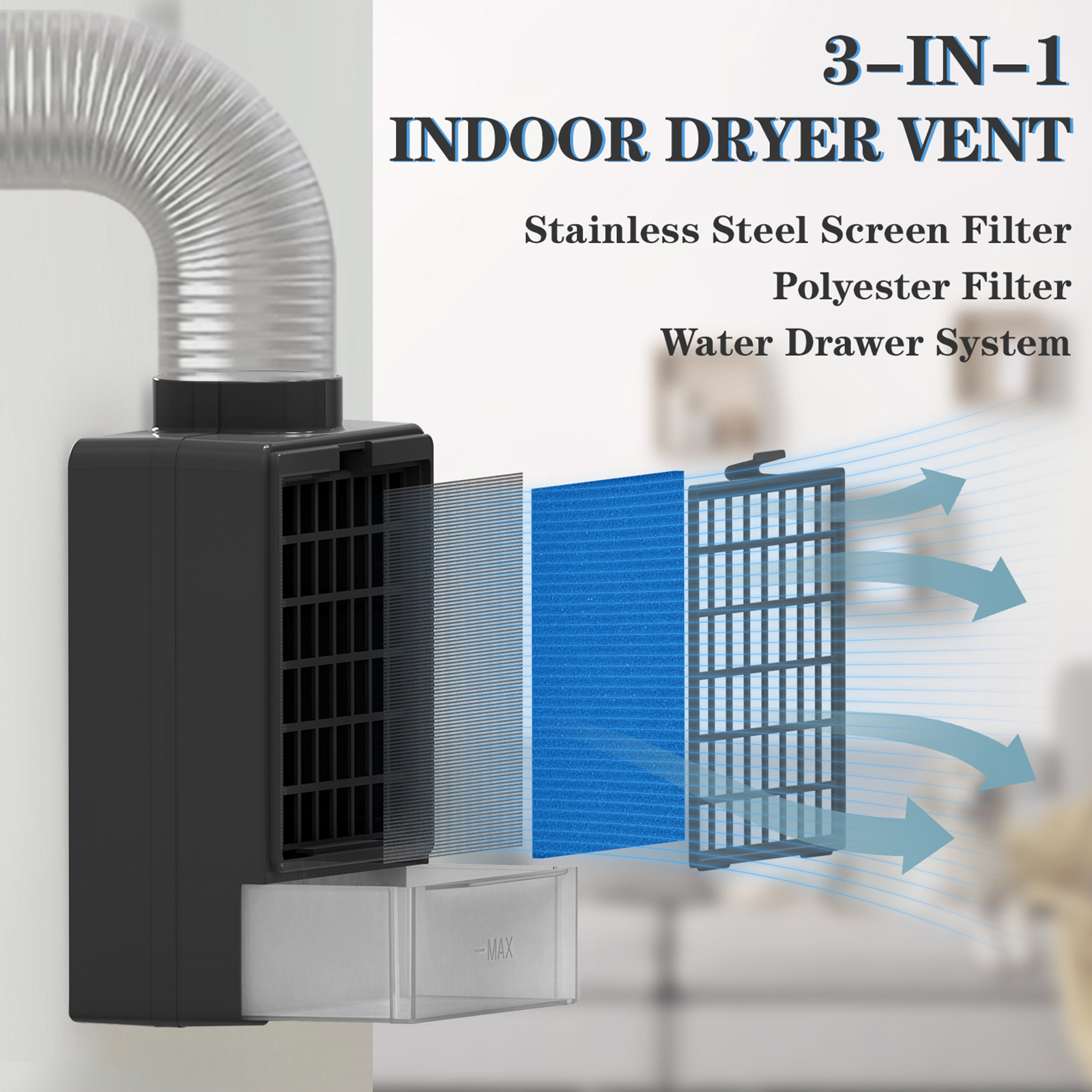 TUOOWO 3 in 1 Indoor Dryer Vent Kit - Dryer Vent Screen Filter Bucket Box for Electric Dryer Inside Use, with 4 Pieces Filters - Black
