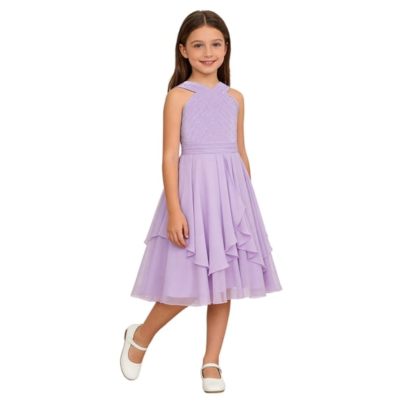 vastwit Girls Sparkly Rhinestone V-Neck Sleeveless Chiffon Pleated Dress for Wedding Banquet Prom Party Lavender 12