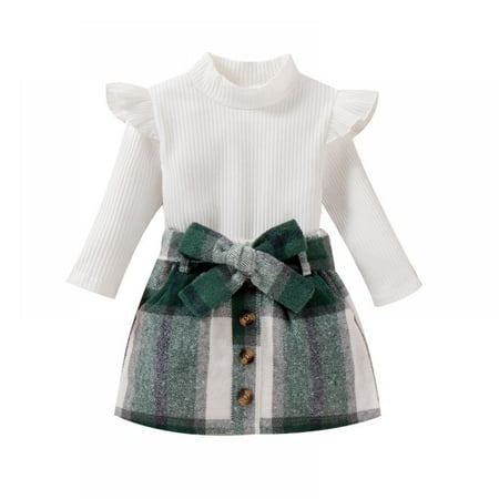 

SYNPOS 2Pcs Kids Little Girl Clothes Fall Winter Long Sleeve Shirt Tops Plaid Skirt 2Pcs Spring Winter Clothing