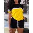 thumbnail image 4 of Conjunto de dos piezas de bloque de color casual, camiseta de manga corta y pantalones cortos con cordón, ropa de mujer, 4 of 4