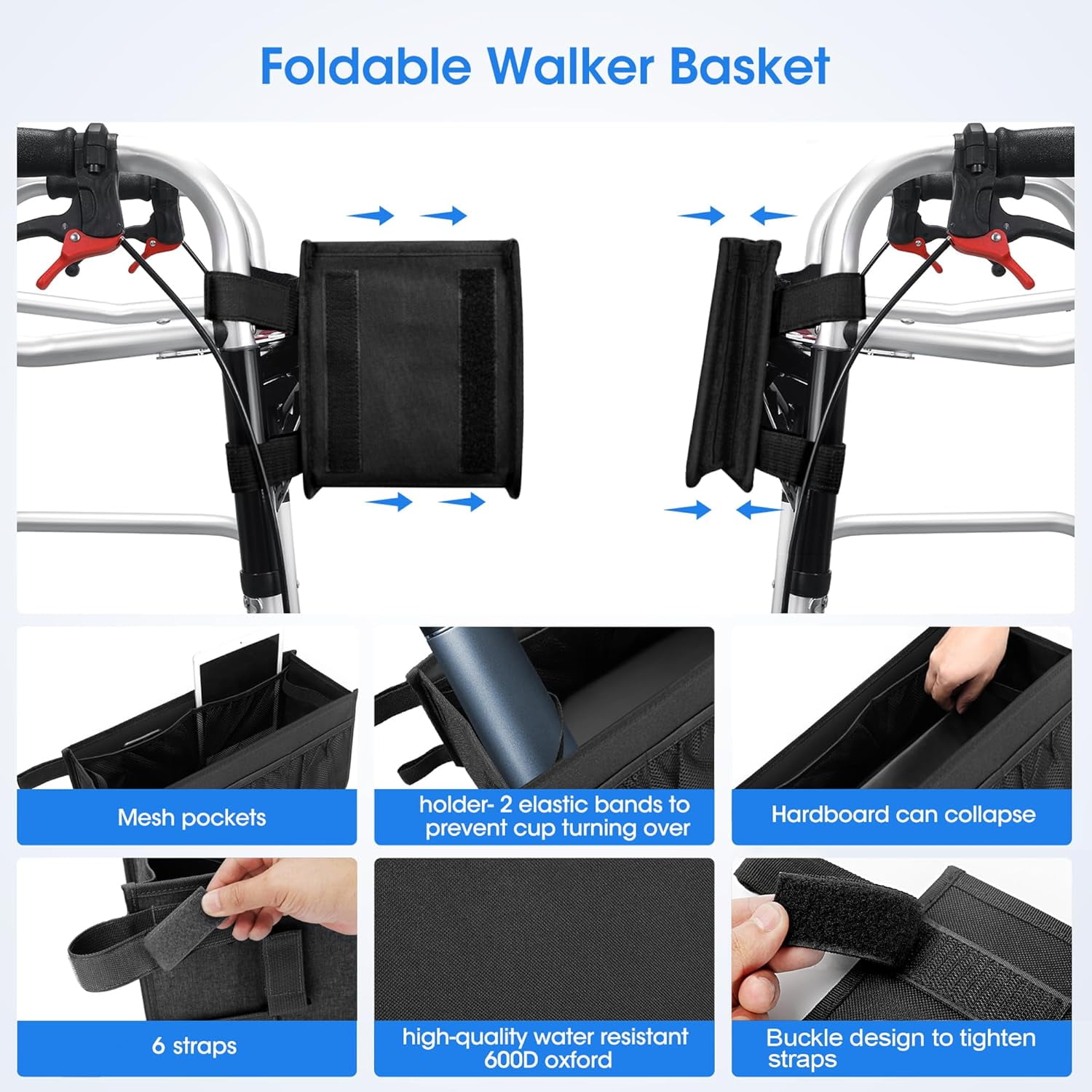 Upgraded Walker Basket with Cup Holder, Foldable Walker Bag with Large Capacity & Never Tipping Over- Not Fit for Rollator