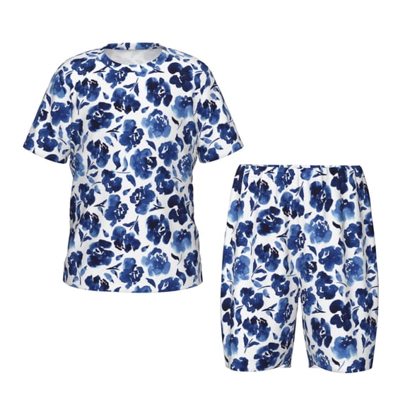 Balery Blue Ink Flowers Conjunto de Pijama Infantil de Manga Corta con Estampado – Ropa de Dormir de Algodón Suave-Large