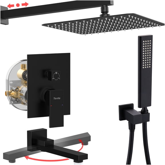 JERFIT 12 Inch Matte Black Shower System with Rain Shower Head & Handheld Spray, Pressure Balance Valve, Wall Mounted Bathroom Faucet Set in Modern Finish