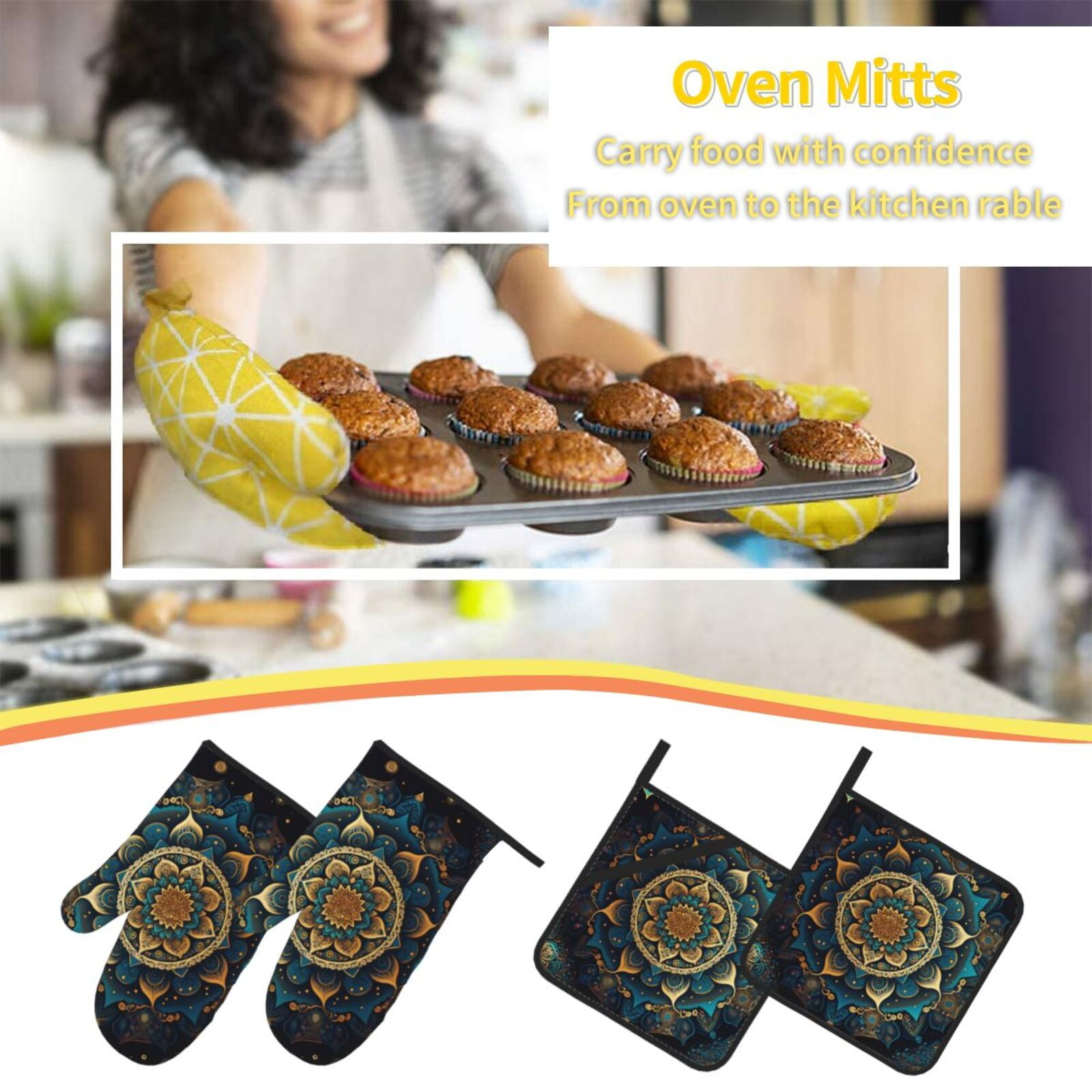 Ethnic Bohemian Mandala Geometric 4Pcs Oven Mitts and Pot Holders Sets Oven Kitchen Gloves Hot Pads for Cooking BBQ Baking Grilling