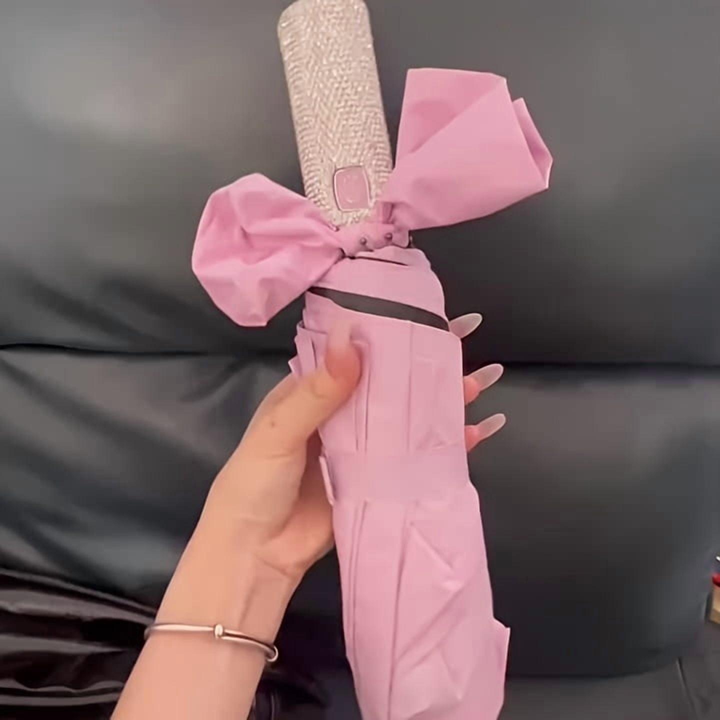 Sparkling Rhinestone-Decorated Pink UV Protection Automatic Open Compact Foalding Umbrella with Elegant Bow Handle - 10-Rib Durable Lightweight Portable Design for Women, Casual & Formal Use