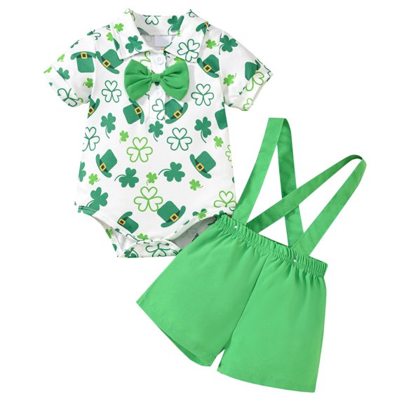 Baby Boy St Patricks Day Outfit Clover Button Down Short Sleeve Shirt Romper Suspender Shorts 2Pc Set